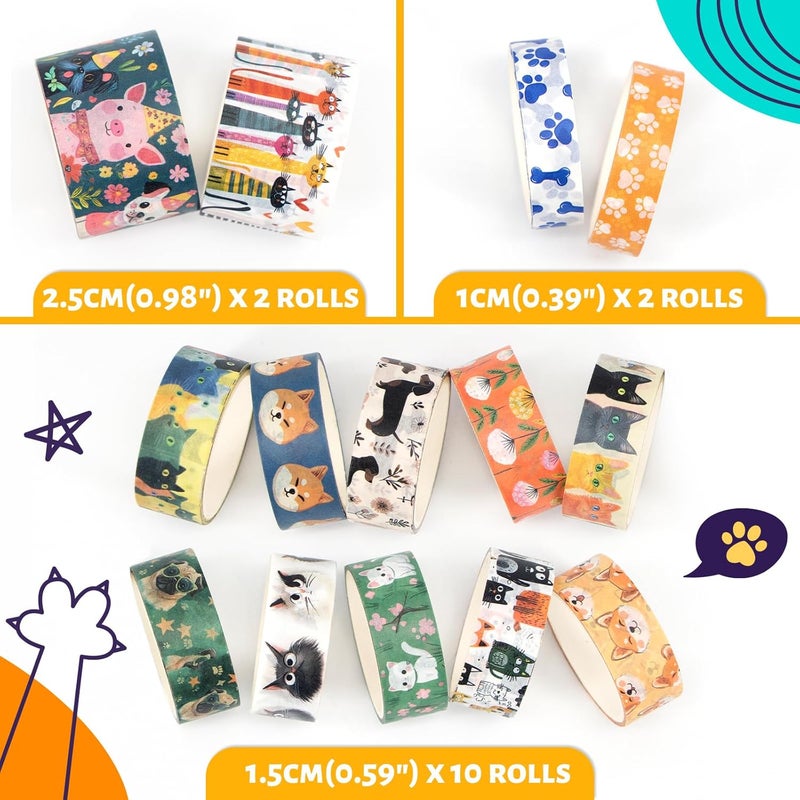 KOVANO Washi Tape Set 14 Rolls, Cute Animal Decorative Tape, Cats Puppies Pugs Designs Washi Tapes for Scrapbooking Supplies, Journaling Supplies, Crafts - Image 2